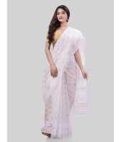 DESH BIDESH Women`s Phulkari Resham Dhakai jamdani Bengal Pure Cotton Handloom Saree Whole Body Design without Blouse Piece (Off White)